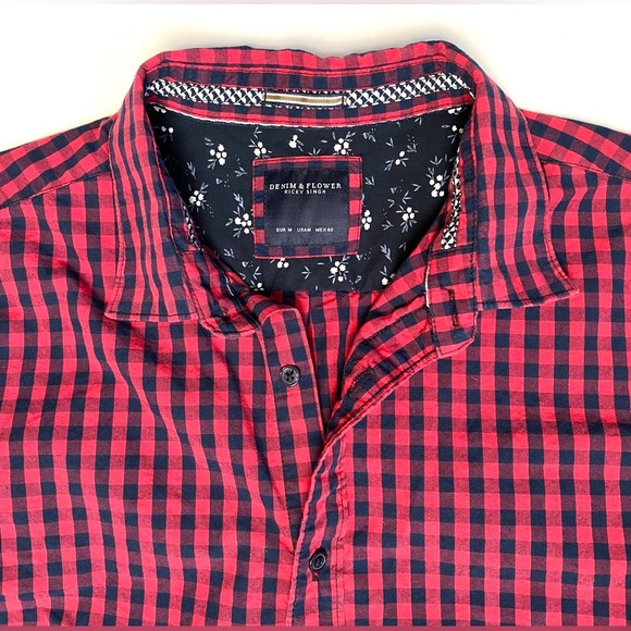 Denim & Flower Ricky Singh Men's Red & Blue Checked Long Sleeve Shirt Size M - Picture 3 of 7